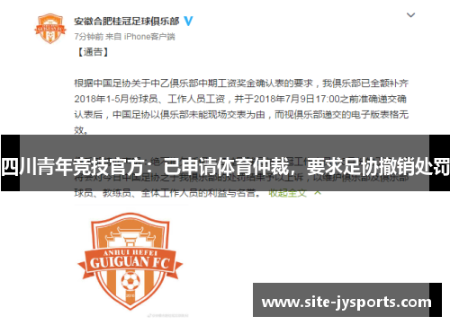四川青年竞技官方：已申请体育仲裁，要求足协撤销处罚